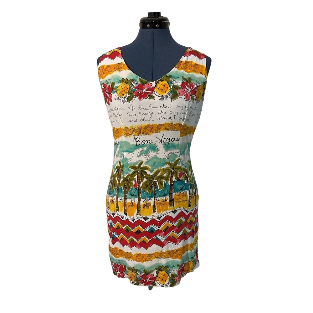 VTG Jams World Womens Sleeveless Bon Voyage Tropical Hawaiian Sheath Dress M